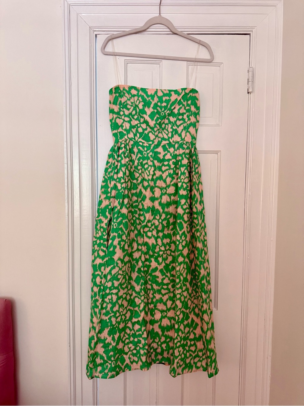 Banjanan Strapless Midi Dress in a green and pink ikat pattern